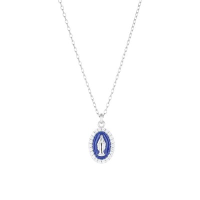 Amen Collana mini Medaglia Miracolosa Rodiata Smaltata Blu -CLMISMBBL