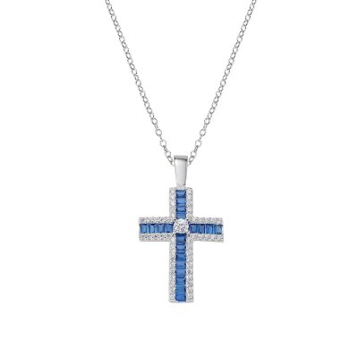 Amen Collana con Croce di Zirconi Blu Baguette e Bianchi -CLCRBABBBLZ