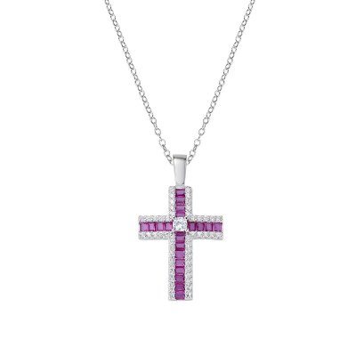 Amen Collana con Croce di Zirconi Rossi Baguette e Bianchi -CLCRBABBRZ