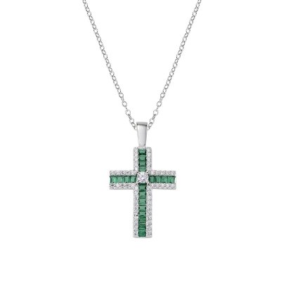 Amen Collana con Croce di Zirconi Verdi Baguette e Bianchi -CLCRBABBVEZ